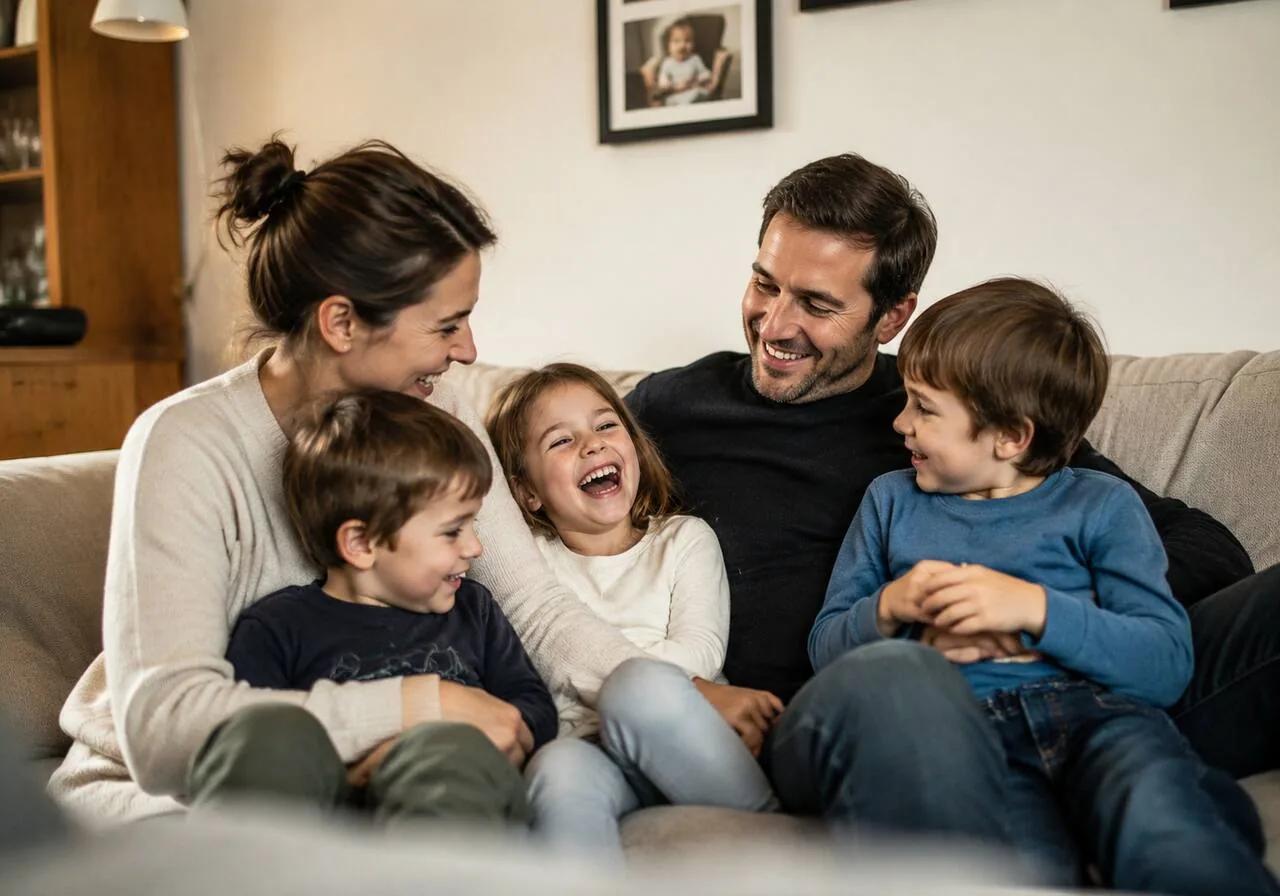 Glückliche Familie mit zwei Kindern auf dem Sofa – finanzielle Zukunft mit Tagesgeld absichern