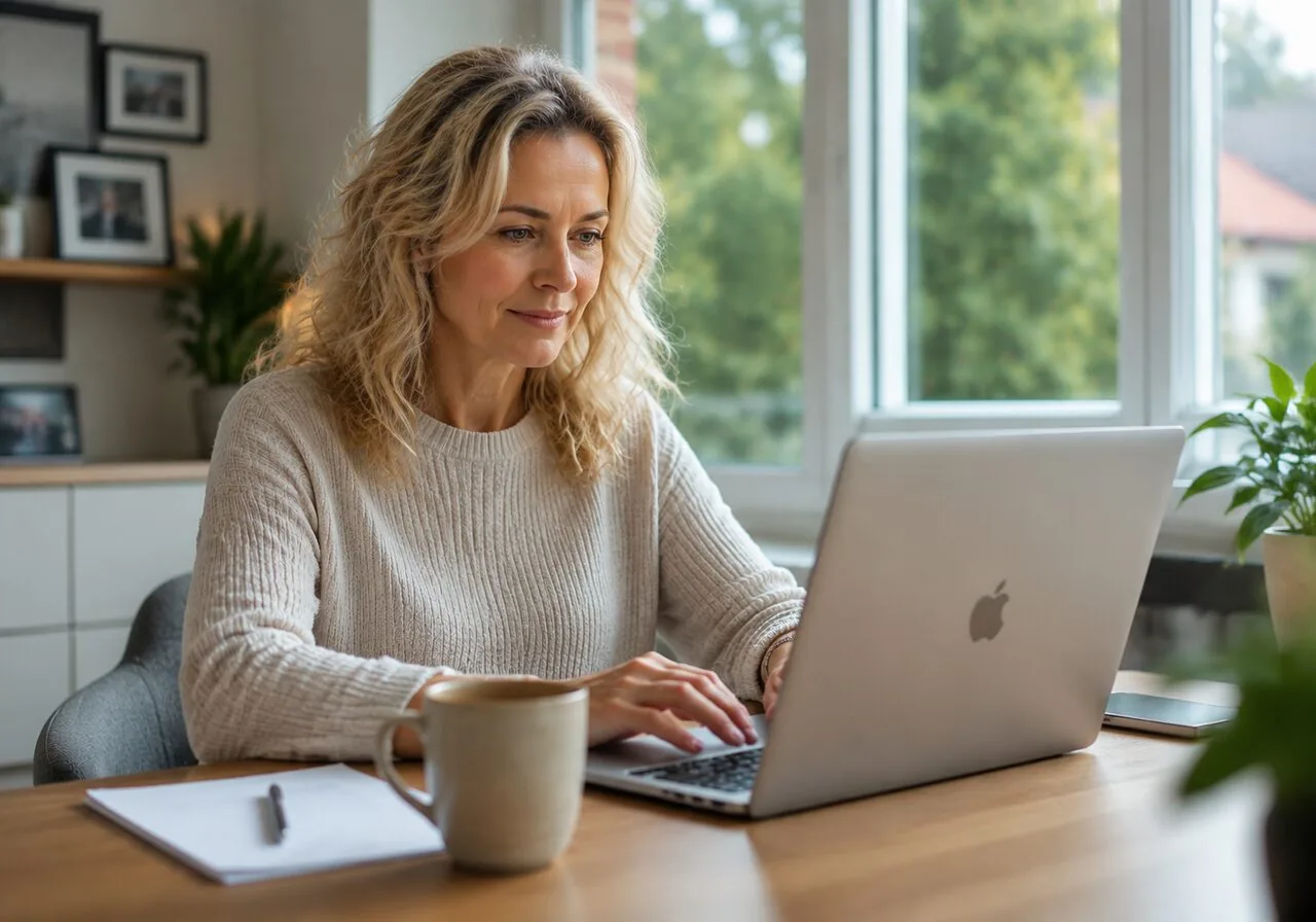 Junge Frau am Laptop vergleicht Tagesgeldzinsen verschiedener Banken